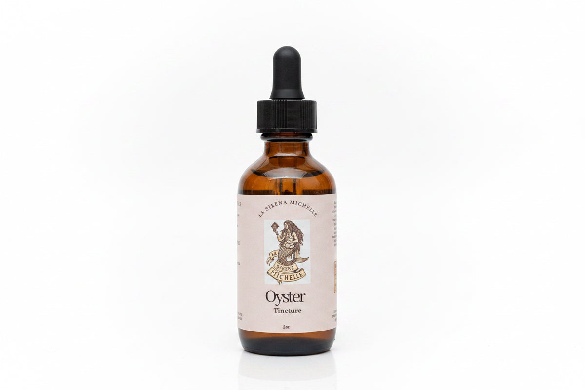 A dark glass dropper bottle with a white label reading 'Oyster Tincture' and  background. Organic oyster extract for health and wellness 