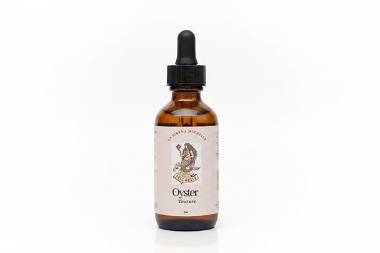 A dark glass dropper bottle with a white label reading 'Oyster Tincture' and  background. Organic oyster extract for health and wellness 