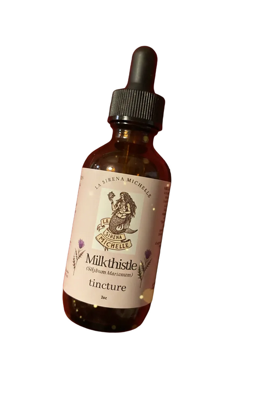 A 2 fl oz amber glass dropper bottle of La Sirena Michelle Milkthistle Tincture, featuring a cream-colored label with a vintage-style illustration of a warrior holding a milkthistle flower, set against a solid black background.